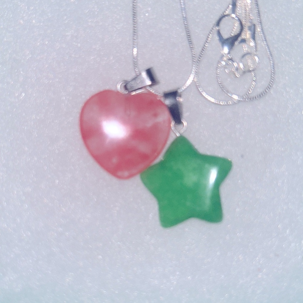 Jade Star and Cherry Quartz Crystal moon sterling silver 24” necklace